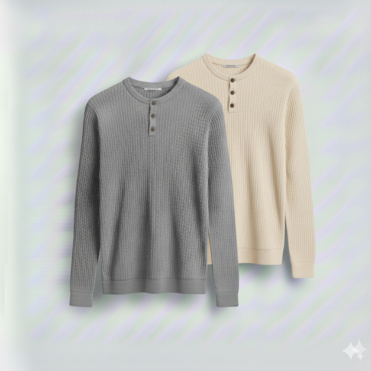 2 Pieces Waffle Knit Henley Pack (Gray & Cream)