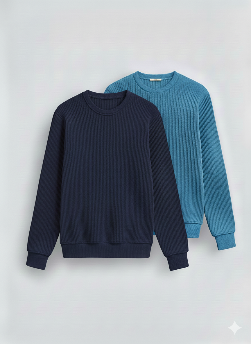 2 Pieces Waffle Knit Tees ( Navy + Sky Blue )