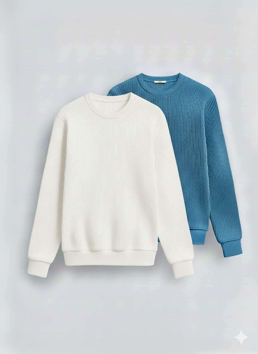2 Pieces Waffle Knit Tees ( White + Sky Blue )