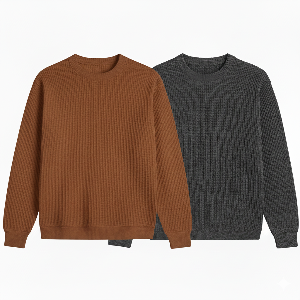 2 Pieces Waffle Knit Tees ( BROWN & DARK GRAY )