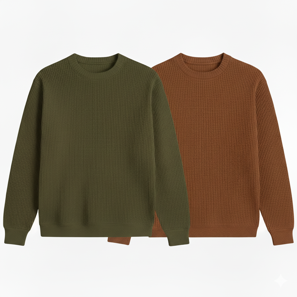 2 Pieces Waffle Knit Tees ( OLIVE GREEN & BROWN )