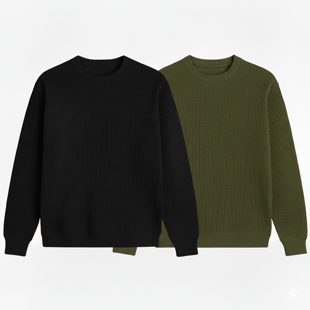 2 Pieces Waffle Knit Tees ( BLACK &  Olive GREEN )