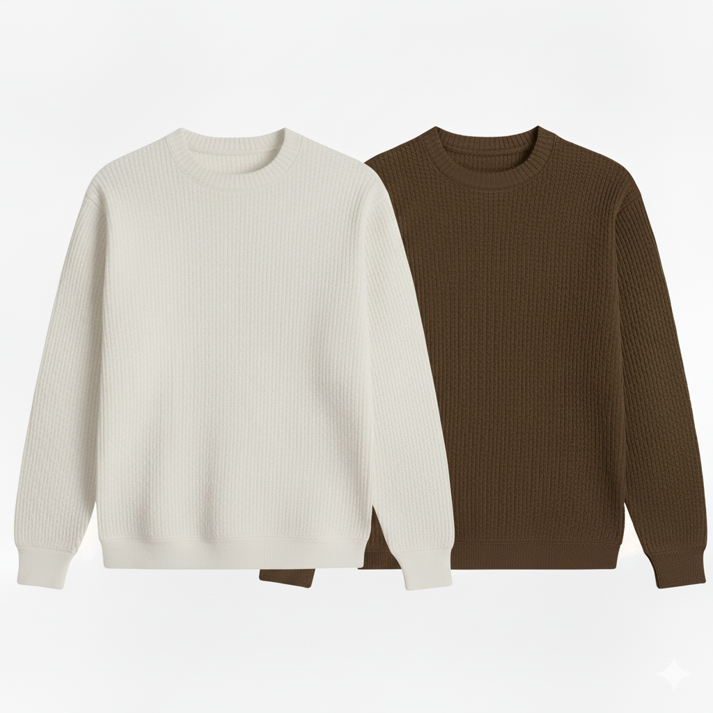 2 Pieces Waffle Knit Tees ( WHITE & BROWN )