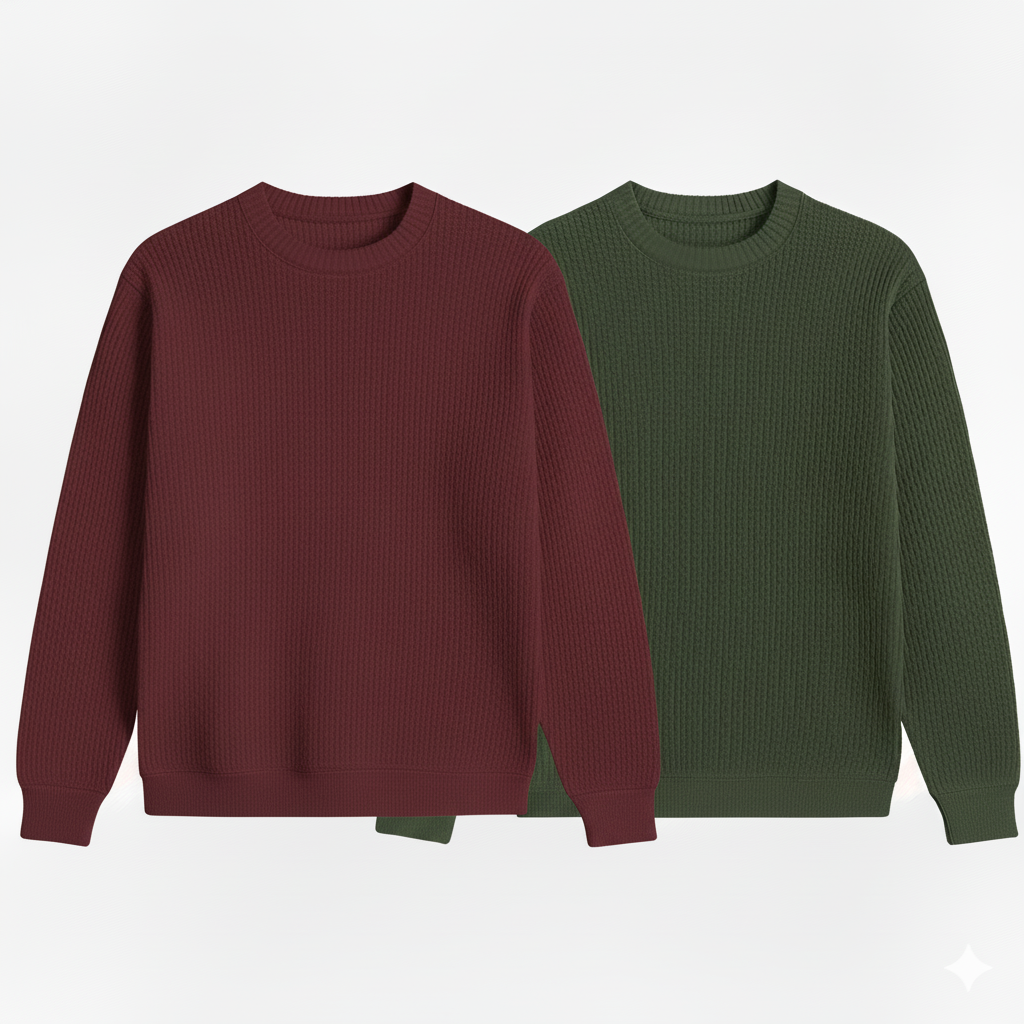 2 Pieces Waffle Knit Tees ( OLIVE GREEN & MAROON )