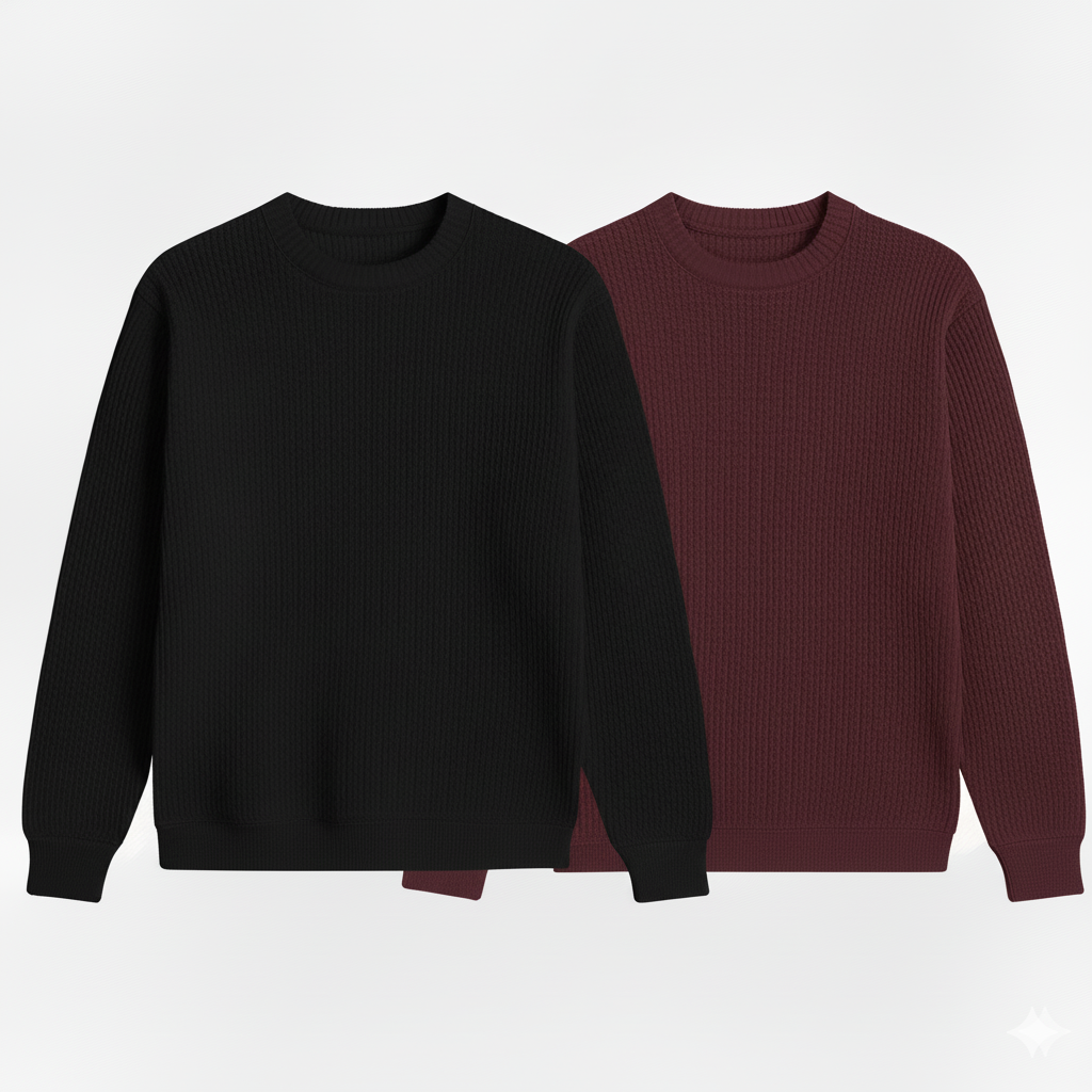 2 Pieces Waffle Knit Tees ( BLACK & MAROON )