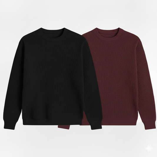 2 Pieces Waffle Knit Tees ( BLACK & MAROON )