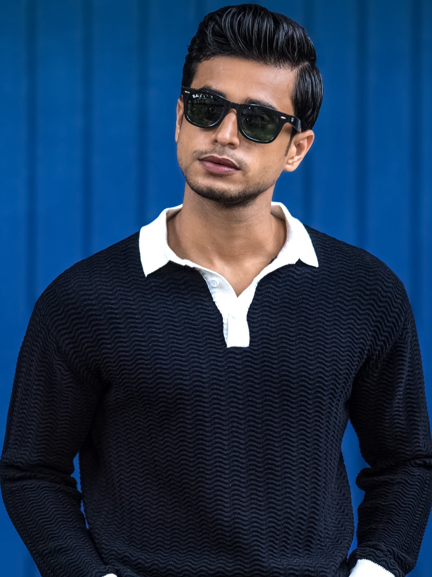 Wave Flat Knit Black Full Sleeve Polo T-Shirt