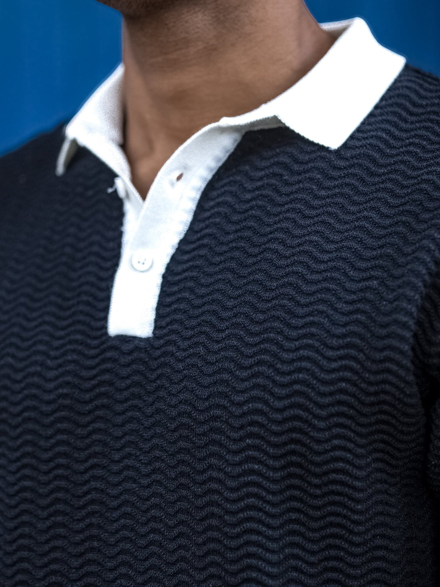 Wave Flat Knit Black Full Sleeve Polo T-Shirt