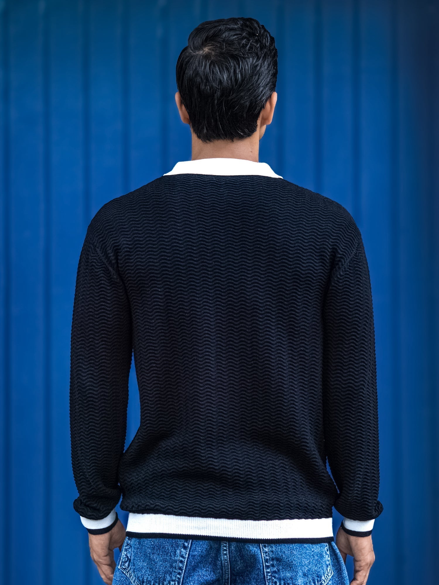 Wave Flat Knit Black Full Sleeve Polo T-Shirt