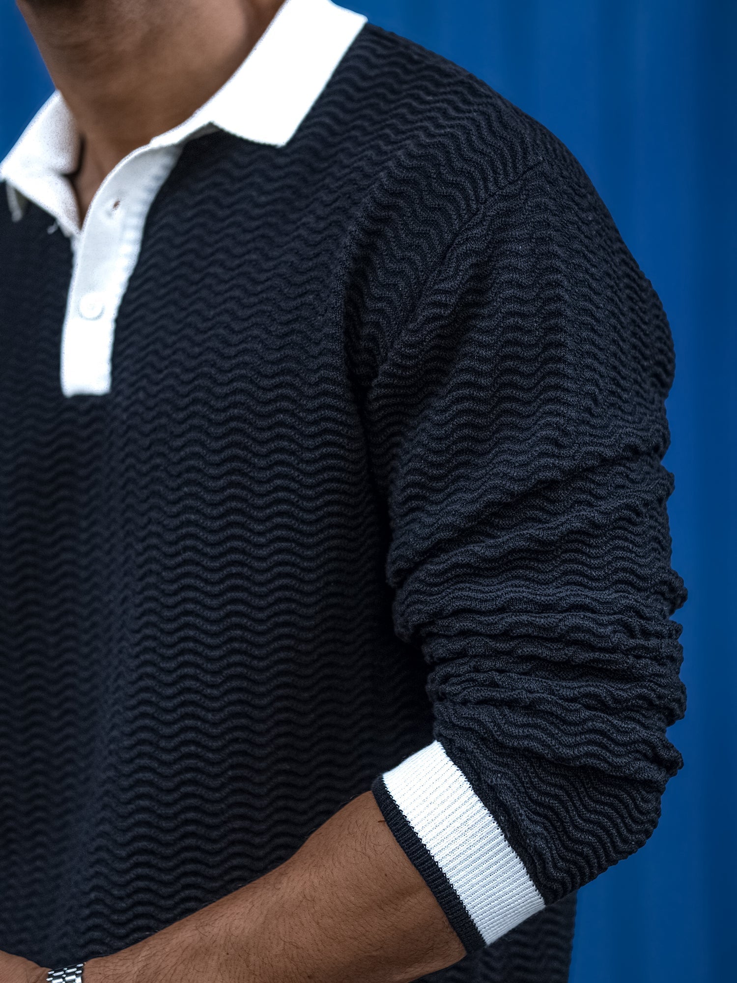 Wave Flat Knit Black Full Sleeve Polo T-Shirt