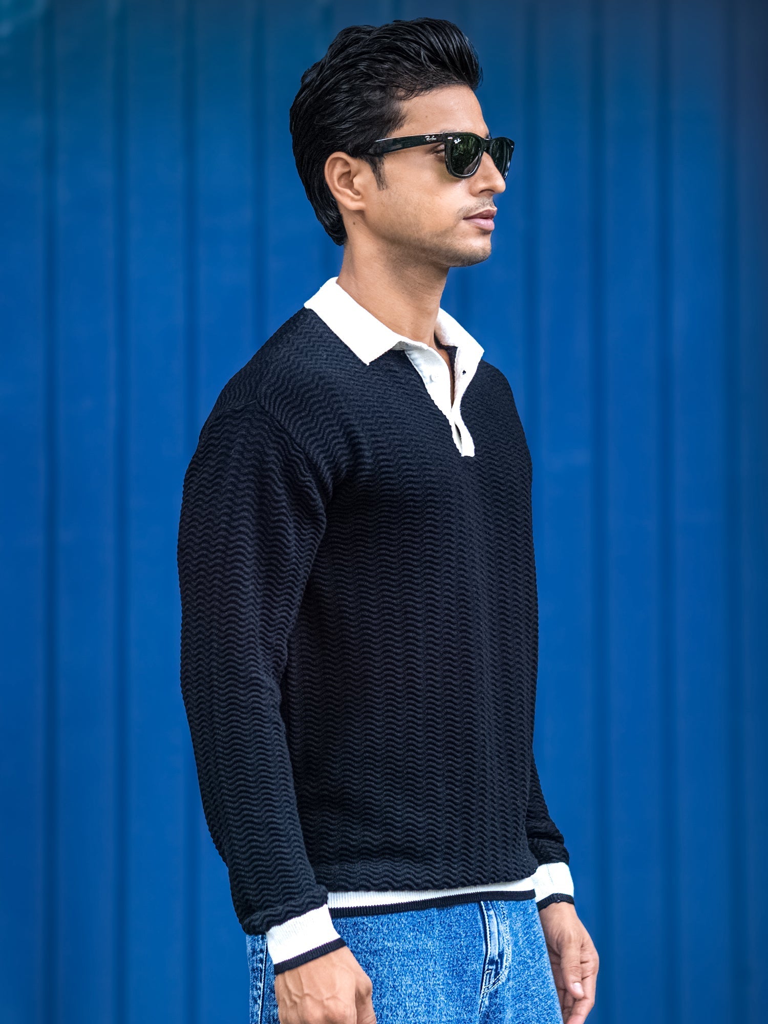 Wave Flat Knit Black Full Sleeve Polo T-Shirt