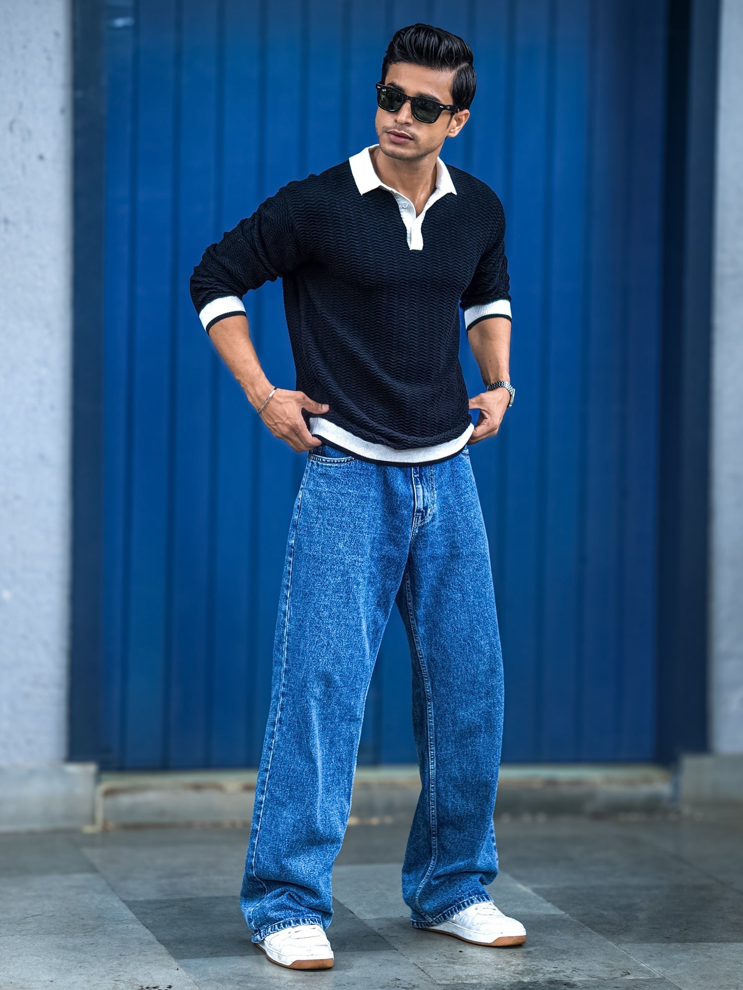 Wave Flat Knit Black Full Sleeve Polo T-Shirt