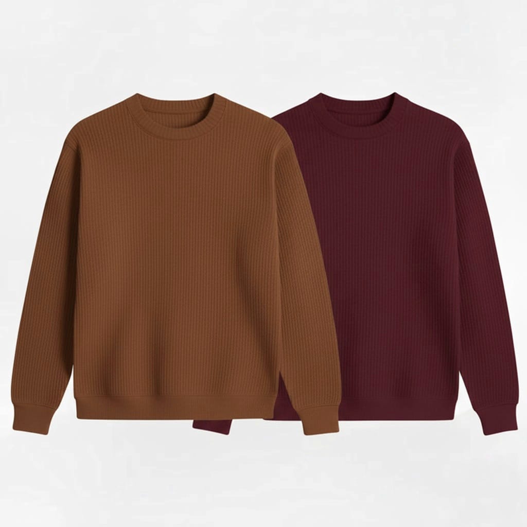 2 Pieces Waffle Knit Tees ( BROWN & MAROON )